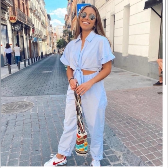 BNWT ZARA KNOTTED FRONT TIE POPLIN JUMPSUIT SZ XS - Picture 2 of 9